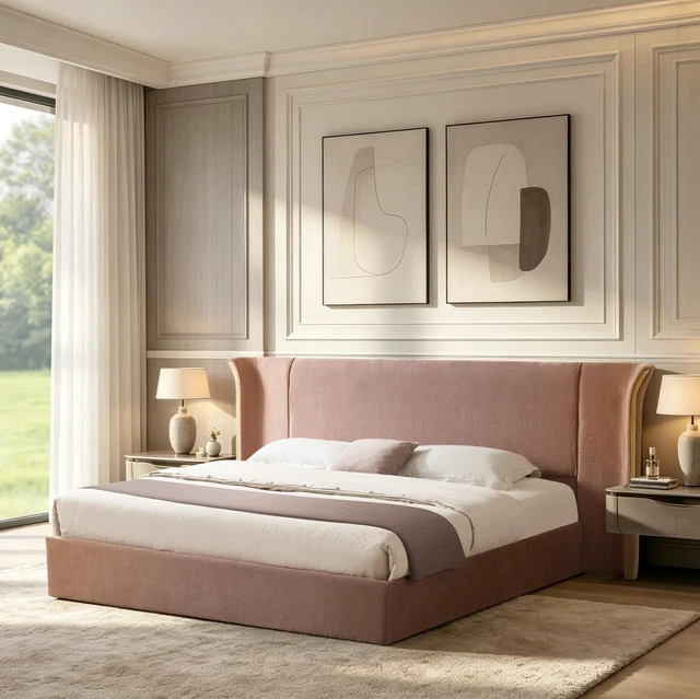 Main image of King Size Wing-Back Upholstered Bed Frame, High Large Padded Headboard Soft Chenille Fabric Solid Frame for Mattress