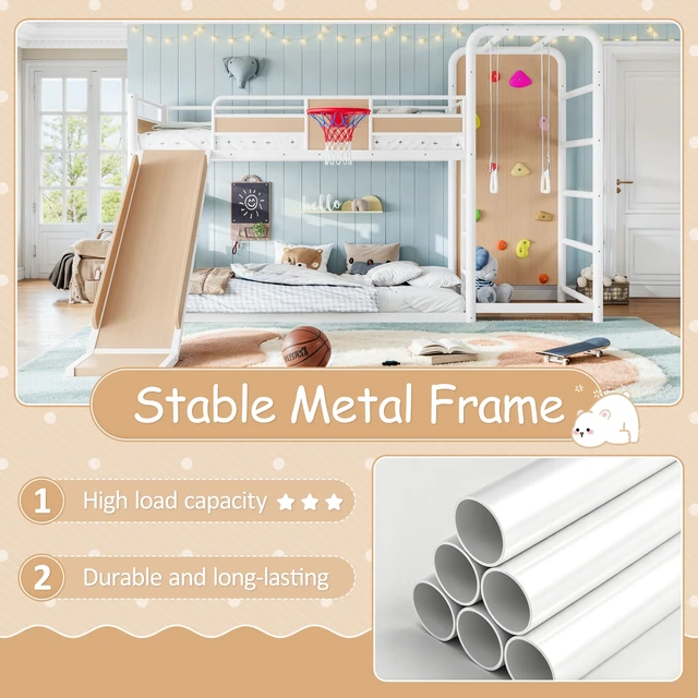 Alt view image 6 of 7 - Twin Size Metal Loft Bunk Bed with Basketball Hoop, Pull Rings Climbing Wall and Built in Bookshelves Playful Children