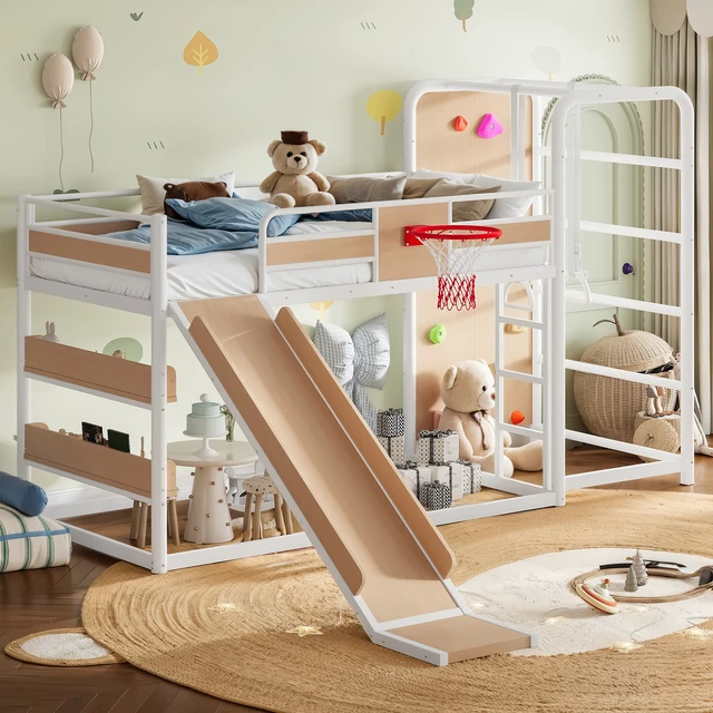Alt view image 3 of 7 - Full Size Metal Loft Bed with Basketball Hoop, Pull Rings Climbing Wall and Built in Bookshelves Playful Children