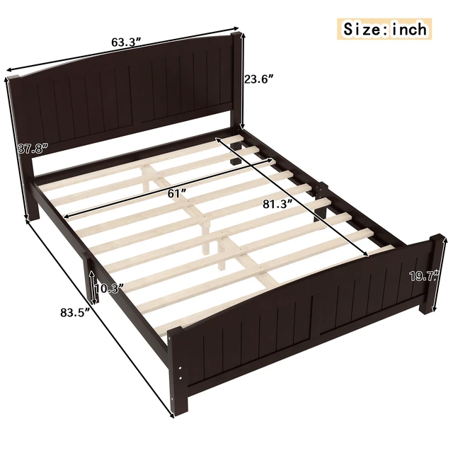 Alt view image 4 of 7 - Queen Size Platform Bed, Solid Platform Bed with Support Slats and Structure Box Spring Needed, Espresso, MDF, Pine
