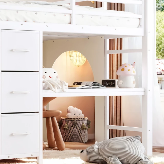 Alt view image 6 of 7 - Twin Metal Low Loft Bed for Kids, Low Loft Bed with Storage Drawer with Bookshelf and Built in Desk Frame Function