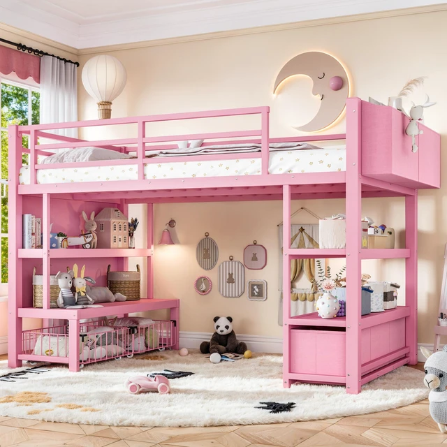 Main image of Twin Metal Low Loft Bed for Kids, Low Loft Bed with Storage Drawer with Bookshelf and Storage Bag Frame with Open