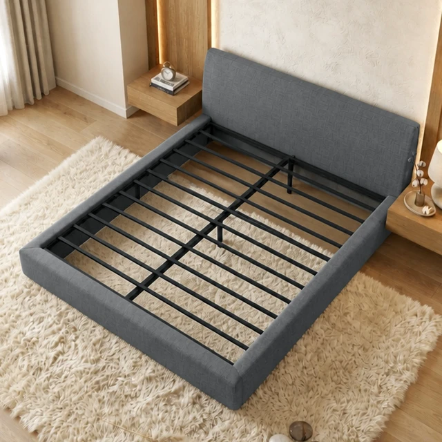 Alt view image 3 of 7 - King Size Compression Bed Wraparound Design with Vacuum Sealed Foam, Iron Frame Assembly Required, Grey, Cotton Linen