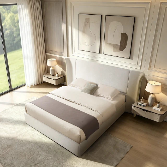 Alt view image 2 of 7 - Queen Size Wing-Back Upholstered Bed Frame, High Large Padded Headboard Soft Chenille Fabric Solid Frame for Mattress
