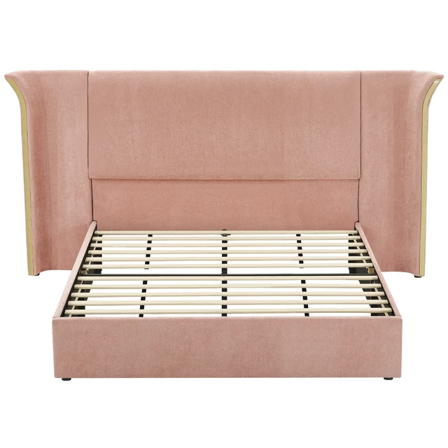 Alt view image 5 of 7 - Queen Size Wing-Back Upholstered Bed Frame, High Large Padded Headboard Soft Chenille Fabric Solid Frame for Mattress