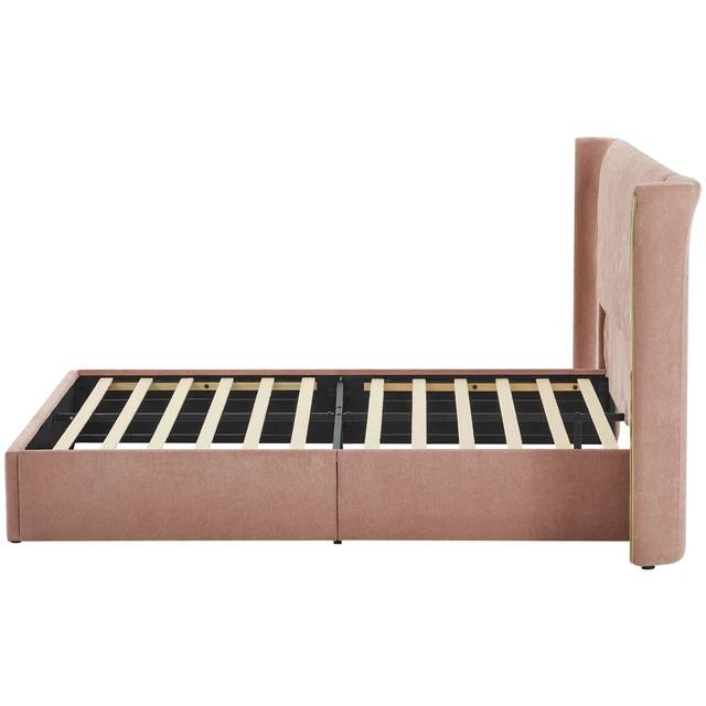 Alt view image 6 of 7 - Queen Size Wing-Back Upholstered Bed Frame, High Large Padded Headboard Soft Chenille Fabric Solid Frame for Mattress
