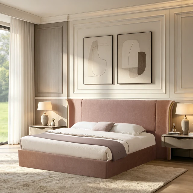 Main image of Queen Size Wing-Back Upholstered Bed Frame, High Large Padded Headboard Soft Chenille Fabric Solid Frame for Mattress
