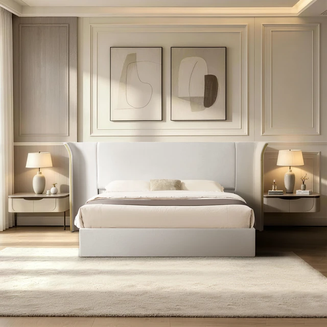 Alt view image 3 of 7 - Queen Size Wing-Back Upholstered Bed Frame, High Large Padded Headboard Soft Chenille Fabric Solid Frame for Mattress