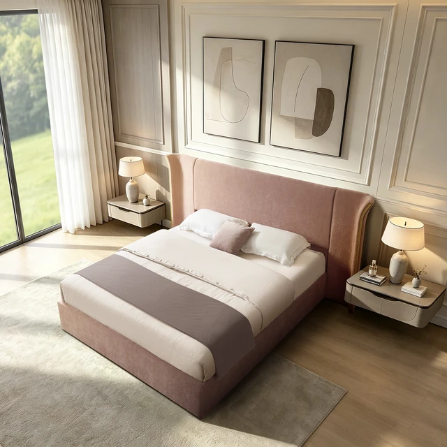 Alt view image 2 of 7 - Queen Size Wing-Back Upholstered Bed Frame, High Large Padded Headboard Soft Chenille Fabric Solid Frame for Mattress
