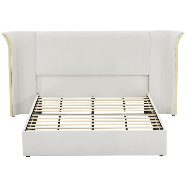 Alt view image 5 of 7 - Queen Size Wing-Back Upholstered Bed Frame, High Large Padded Headboard Soft Chenille Fabric Solid Frame for Mattress