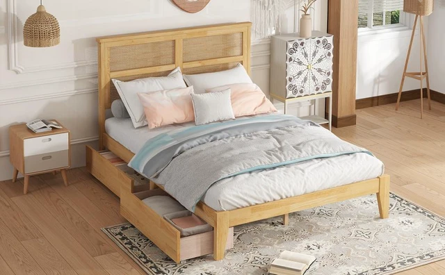 Alt view image 6 of 7 - Full Size Bed with Rattan Headboard, Two Storage Drawers Rubber Bed with Enhanced Support Slats and Feet, White Oak