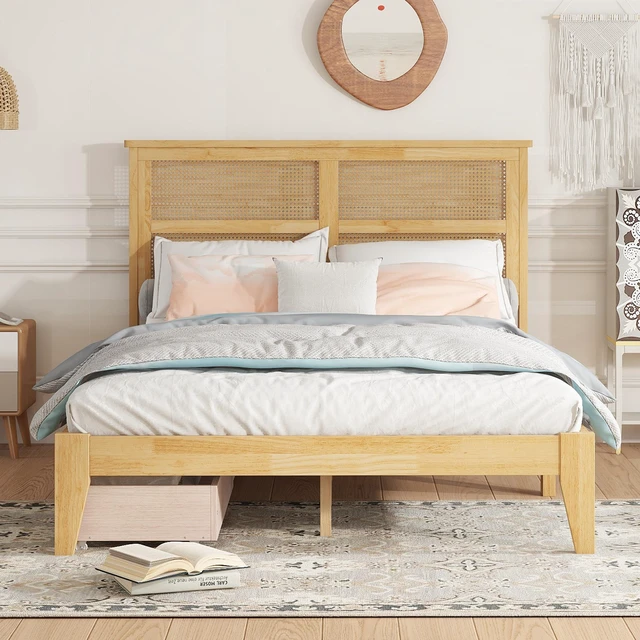 Alt view image 2 of 7 - Full Size Bed with Rattan Headboard, Two Storage Drawers Rubber Bed with Enhanced Support Slats and Feet, White Oak