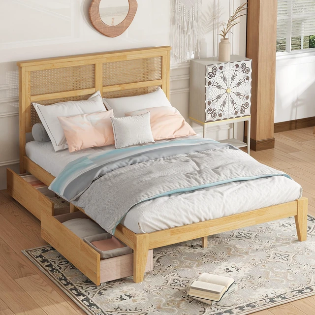 Alt view image 3 of 7 - Full Size Bed with Rattan Headboard, Two Storage Drawers Rubber Bed with Enhanced Support Slats and Feet, White Oak