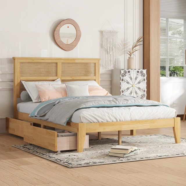 Main image of Full Size Bed with Rattan Headboard, Two Storage Drawers Rubber Bed with Enhanced Support Slats and Feet, White Oak
