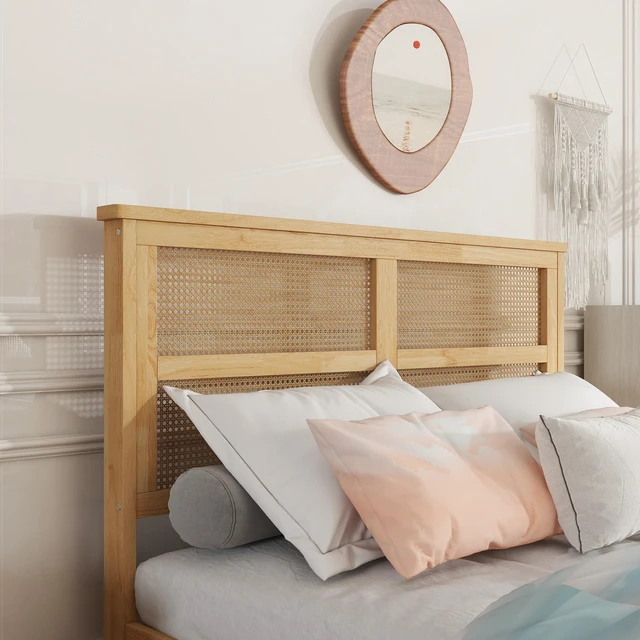Alt view image 4 of 7 - Full Size Bed with Rattan Headboard, Two Storage Drawers Rubber Bed with Enhanced Support Slats and Feet, White Oak