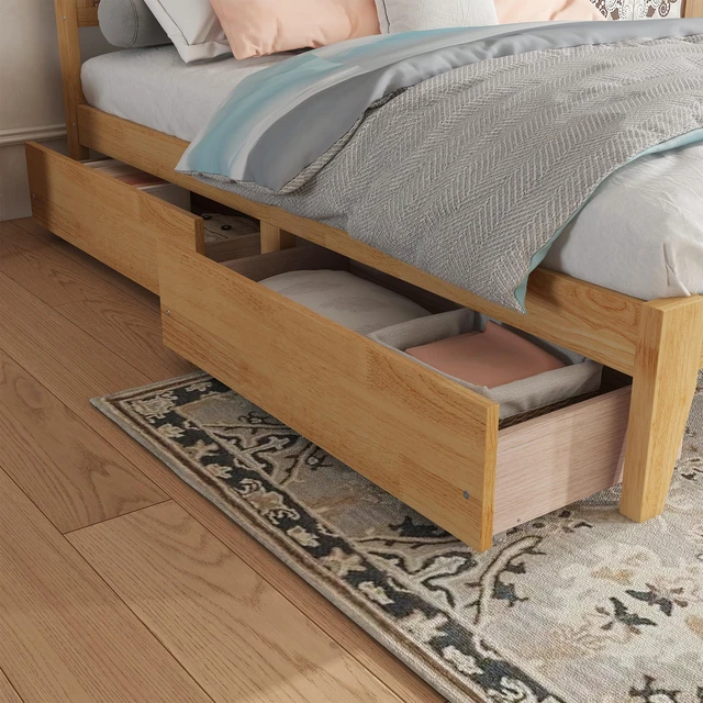 Alt view image 5 of 7 - Full Size Bed with Rattan Headboard, Two Storage Drawers Rubber Bed with Enhanced Support Slats and Feet, White Oak