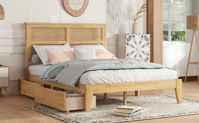 Alt view image 7 of 7 - Full Size Bed with Rattan Headboard, Two Storage Drawers Rubber Bed with Enhanced Support Slats and Feet, White Oak