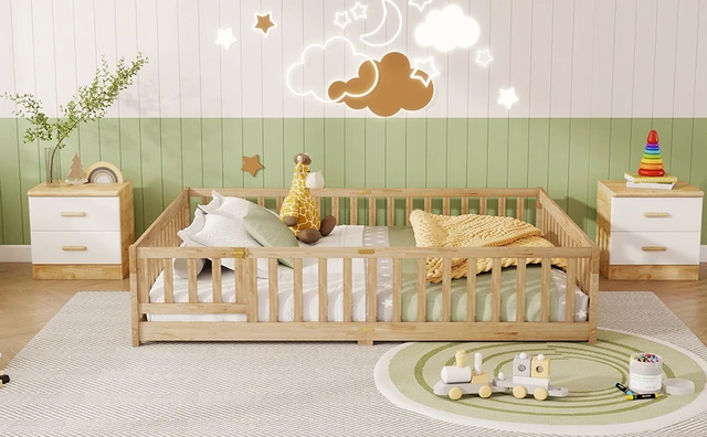 Alt view image 4 of 7 - Queen Size Floor Bed with Fence, Door Rubber Floor Bed with Safety Guardrails Old SKU, Natural, Rubber Wood, Beds