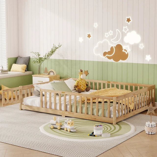 Alt view image 3 of 7 - Queen Size Floor Bed with Fence, Door Rubber Floor Bed with Safety Guardrails Old SKU, Natural, Rubber Wood, Beds