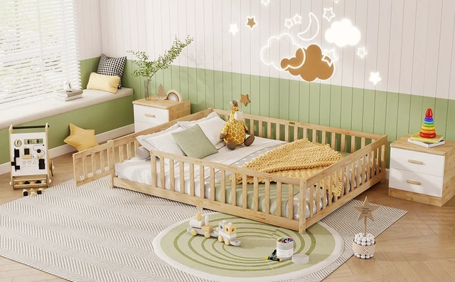 Alt view image 6 of 7 - Queen Size Floor Bed with Fence, Door Rubber Floor Bed with Safety Guardrails Old SKU, Natural, Rubber Wood, Beds