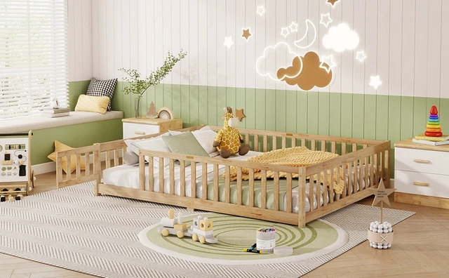 Alt view image 5 of 7 - Queen Size Floor Bed with Fence, Door Rubber Floor Bed with Safety Guardrails Old SKU, Natural, Rubber Wood, Beds