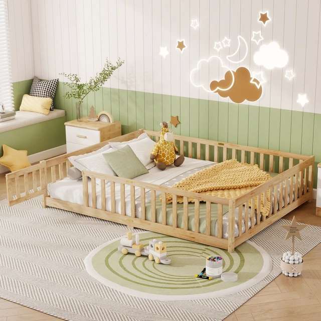 Alt view image 2 of 7 - Queen Size Floor Bed with Fence, Door Rubber Floor Bed with Safety Guardrails Old SKU, Natural, Rubber Wood, Beds