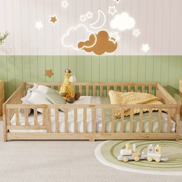 Main image of Queen Size Floor Bed with Fence, Door Rubber Floor Bed with Safety Guardrails Old SKU, Natural, Rubber Wood, Beds