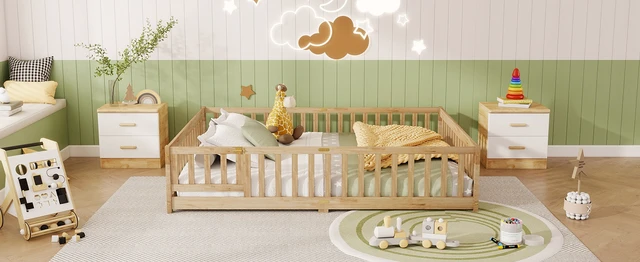 Alt view image 7 of 7 - Queen Size Floor Bed with Fence, Door Rubber Floor Bed with Safety Guardrails Old SKU, Natural, Rubber Wood, Beds