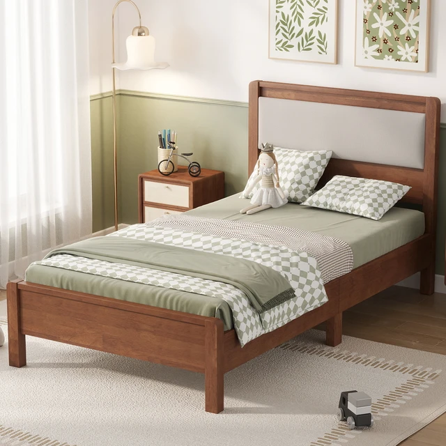 Alt view image 2 of 7 - Twin Size, Solid Rubber Wooden Bed with Upholstered Headboard Reinforced Central Support Legs, Brown, Rubber Wood, Beds