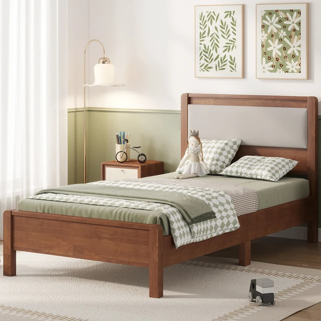 Alt view image 3 of 7 - Twin Size, Solid Rubber Wooden Bed with Upholstered Headboard Reinforced Central Support Legs, Brown, Rubber Wood, Beds
