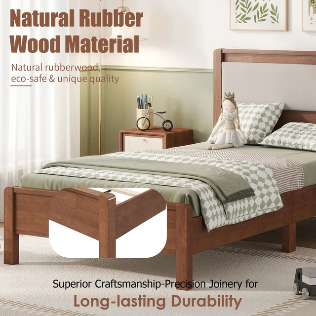 Alt view image 6 of 7 - Twin Size, Solid Rubber Wooden Bed with Upholstered Headboard Reinforced Central Support Legs, Brown, Rubber Wood, Beds