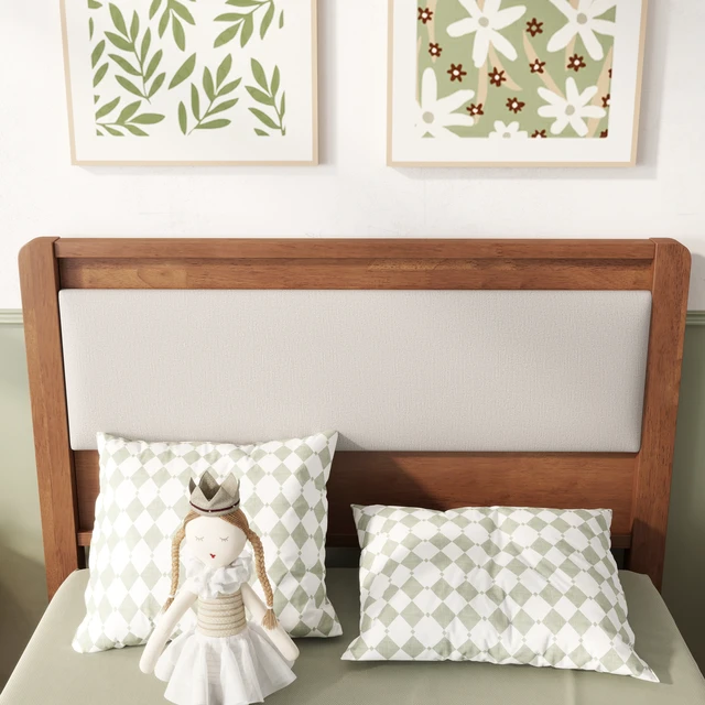 Alt view image 4 of 7 - Twin Size, Solid Rubber Wooden Bed with Upholstered Headboard Reinforced Central Support Legs, Brown, Rubber Wood, Beds