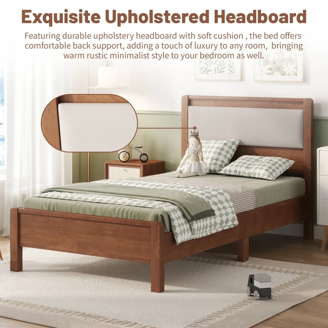 Alt view image 7 of 7 - Twin Size, Solid Rubber Wooden Bed with Upholstered Headboard Reinforced Central Support Legs, Brown, Rubber Wood, Beds