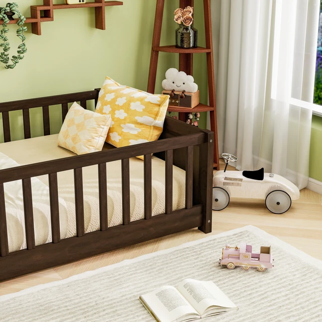 Alt view image 2 of 7 - Twin Size Floor Bed with Built in Book Rack and Door, Espresso, Rubber Wood, Beds Frames Bases