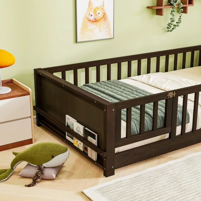 Alt view image 4 of 7 - Twin Size Floor Bed with Built in Book Rack and Door, Espresso, Rubber Wood, Beds Frames Bases