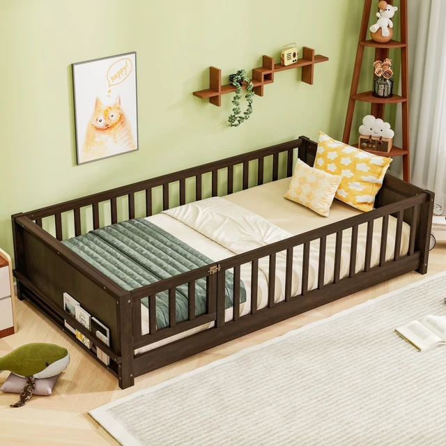 Alt view image 3 of 7 - Twin Size Floor Bed with Built in Book Rack and Door, Espresso, Rubber Wood, Beds Frames Bases