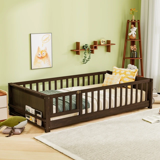Alt view image 5 of 7 - Twin Size Floor Bed with Built in Book Rack and Door, Espresso, Rubber Wood, Beds Frames Bases