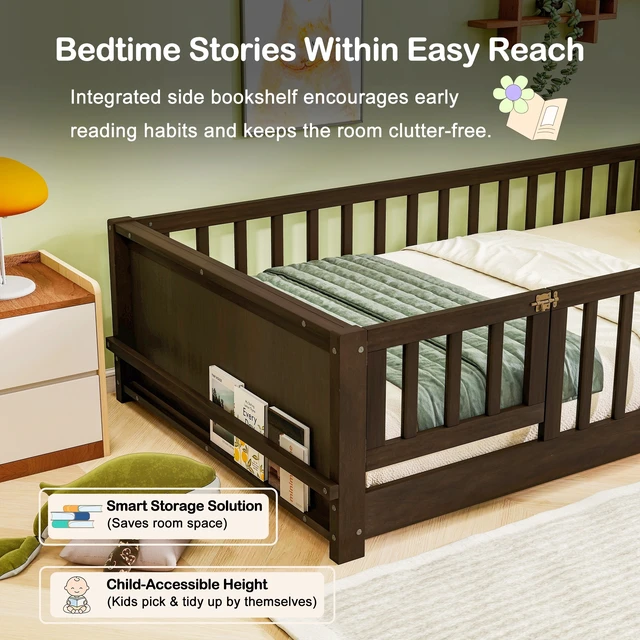 Alt view image 7 of 7 - Twin Size Floor Bed with Built in Book Rack and Door, Espresso, Rubber Wood, Beds Frames Bases