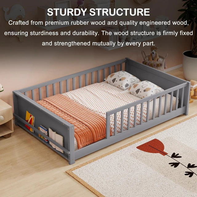 Alt view image 7 of 7 - Full Size Rubber Floor Bed with Guardrails, Built in Book Rack Without Door, Grey, Rubber Wood, Beds Frames Bases