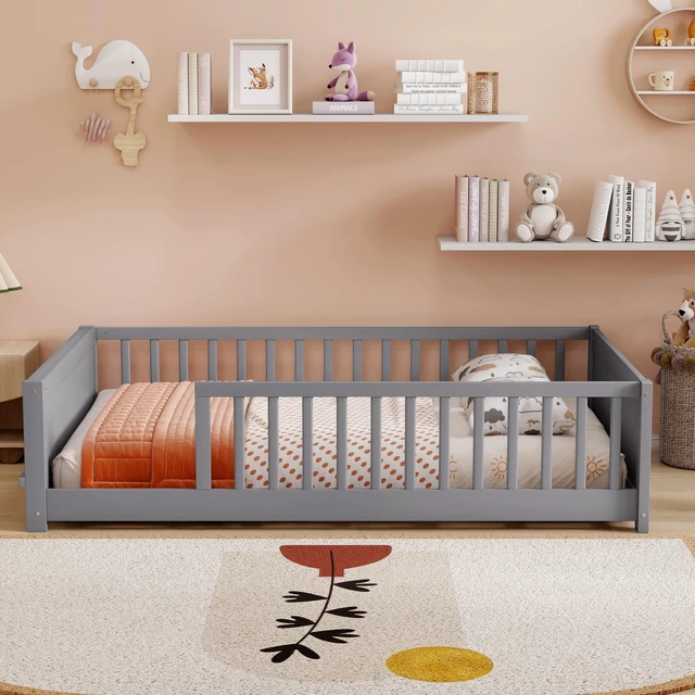 Main image of Full Size Rubber Floor Bed with Guardrails, Built in Book Rack Without Door, Grey, Rubber Wood, Beds Frames Bases