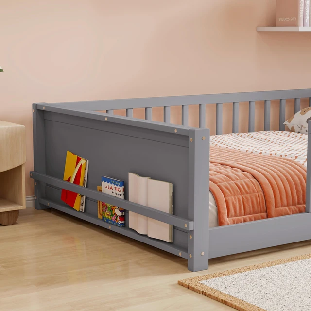 Alt view image 5 of 7 - Full Size Rubber Floor Bed with Guardrails, Built in Book Rack Without Door, Grey, Rubber Wood, Beds Frames Bases