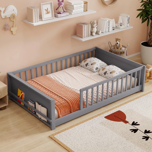 Alt view image 3 of 7 - Full Size Rubber Floor Bed with Guardrails, Built in Book Rack Without Door, Grey, Rubber Wood, Beds Frames Bases