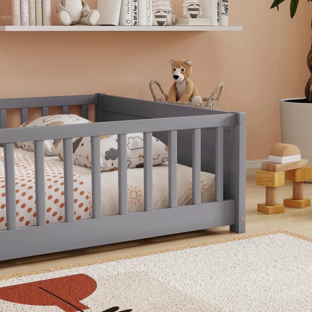 Alt view image 4 of 7 - Full Size Rubber Floor Bed with Guardrails, Built in Book Rack Without Door, Grey, Rubber Wood, Beds Frames Bases