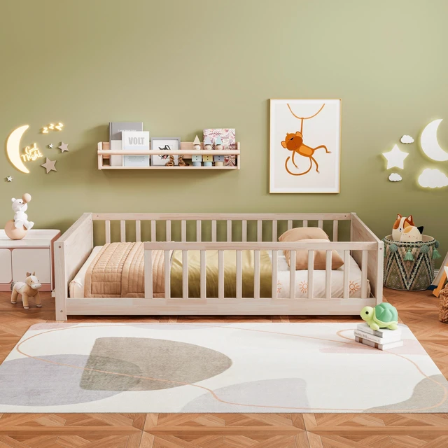 Main image of Full Size Rubber Floor Bed with Guardrails, Built in Book Rack Without Door, Natural, Rubber Wood, Beds Frames Bases