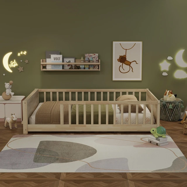 Alt view image 6 of 7 - Full Size Rubber Floor Bed with Guardrails, Built in Book Rack Without Door, Natural, Rubber Wood, Beds Frames Bases