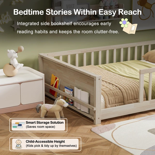 Alt view image 7 of 7 - Full Size Rubber Floor Bed with Guardrails, Built in Book Rack Without Door, Natural, Rubber Wood, Beds Frames Bases