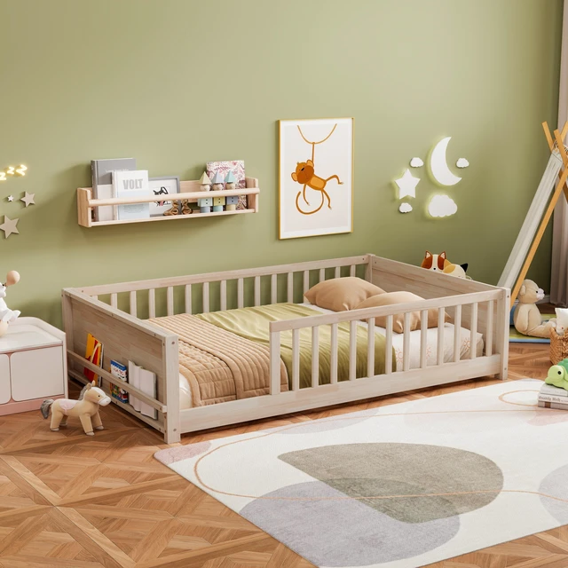 Alt view image 2 of 7 - Full Size Rubber Floor Bed with Guardrails, Built in Book Rack Without Door, Natural, Rubber Wood, Beds Frames Bases