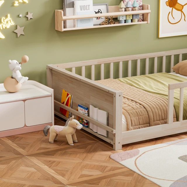 Alt view image 3 of 7 - Full Size Rubber Floor Bed with Guardrails, Built in Book Rack Without Door, Natural, Rubber Wood, Beds Frames Bases