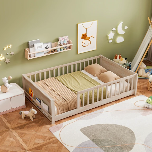 Alt view image 4 of 7 - Full Size Rubber Floor Bed with Guardrails, Built in Book Rack Without Door, Natural, Rubber Wood, Beds Frames Bases