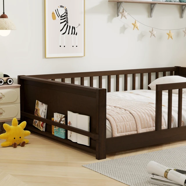 Alt view image 4 of 7 - Full Size Rubber Floor Bed with Guardrails, Built in Book Rack Without Door, Espresso, Rubber Wood, Beds Frames Bases